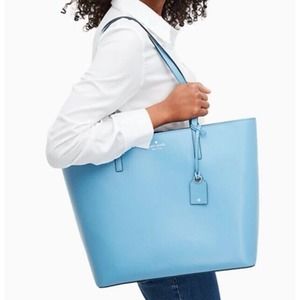 Kate Spade Tote Bag Janie Large Leather Aqua Blue Logo Shoulder Book Bag